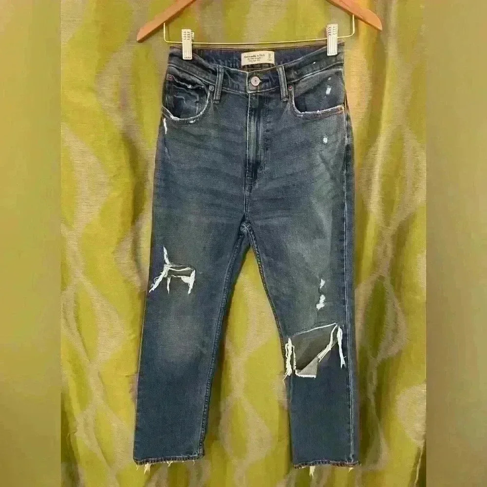 Abercrombie and fitch the ankle straight ultra high rise distressed jeans